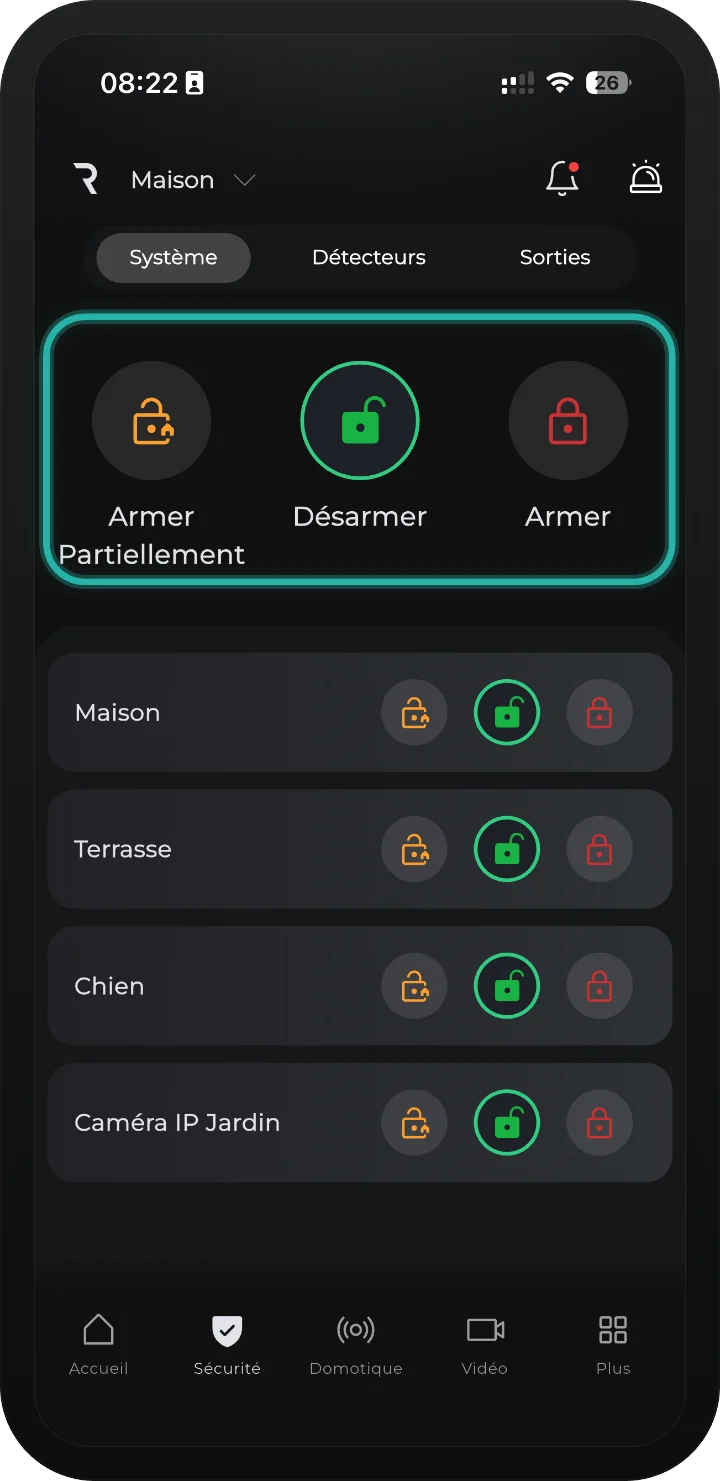 App iRISCO — onglet Système ; les boutons pour activer ou désactiver tout le système sont mis en évidence