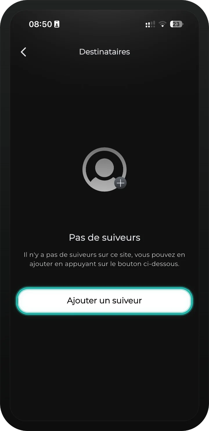 App iRISCO — écran Destinataires vide avec le bouton d'ajout mis en évidence