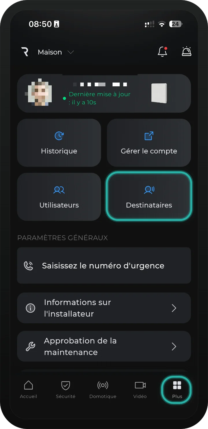 App iRISCO — onglet Plus avec la carte Destinataires mise en évidence