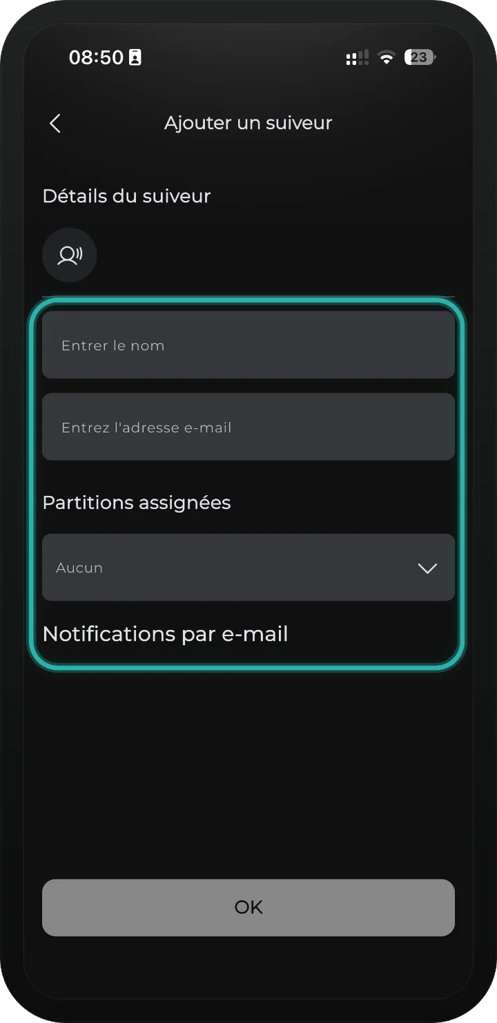 App iRISCO — formulaire d'un nouveau destinataire avec le nom, l'e-mail et le choix des partitions
