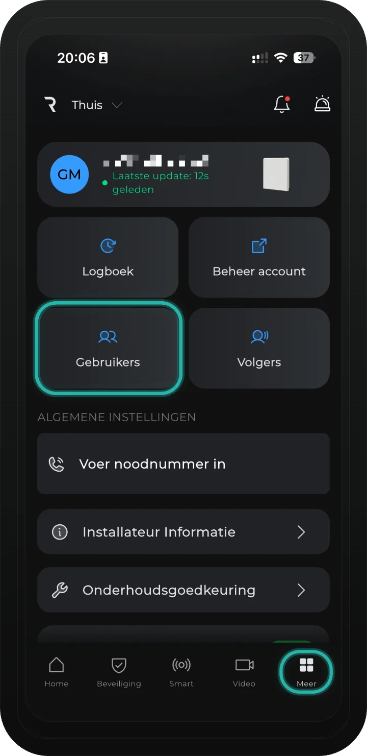 iRISCO-app — tabblad Meer met de kaart Gebruikers gemarkeerd