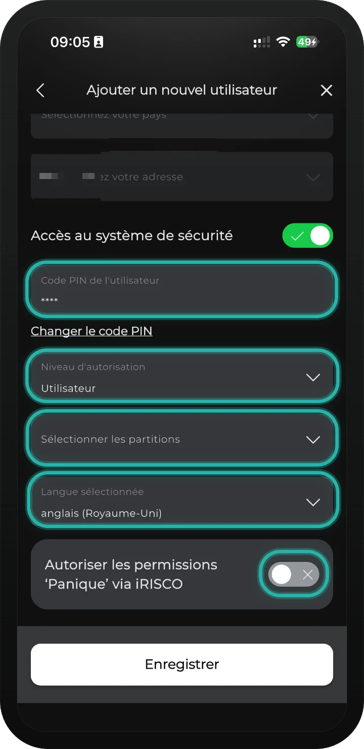 App iRISCO — haut du formulaire nouvel utilisateur avec identité, accès et partitions