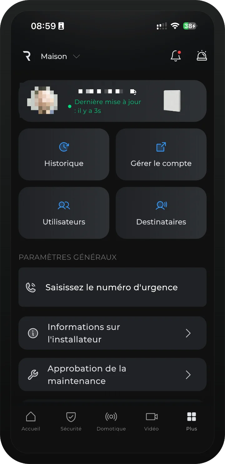 App iRISCO — onglet Plus avec la carte Utilisateurs mise en évidence