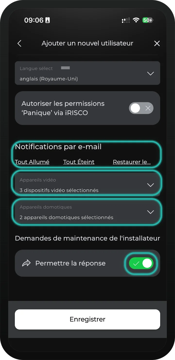 App iRISCO — bas du formulaire nouvel utilisateur avec notifications, vidéo, Smart Home et Enregistrer