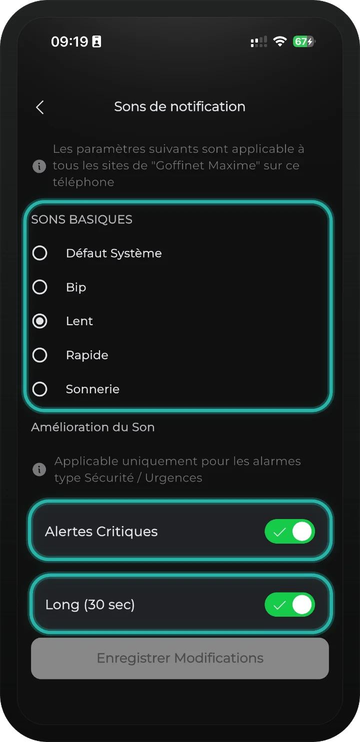 App iRISCO — écran Sons de notification avec les sons basiques et les interrupteurs Alertes critiques et Long (30 sec) mis en évidence