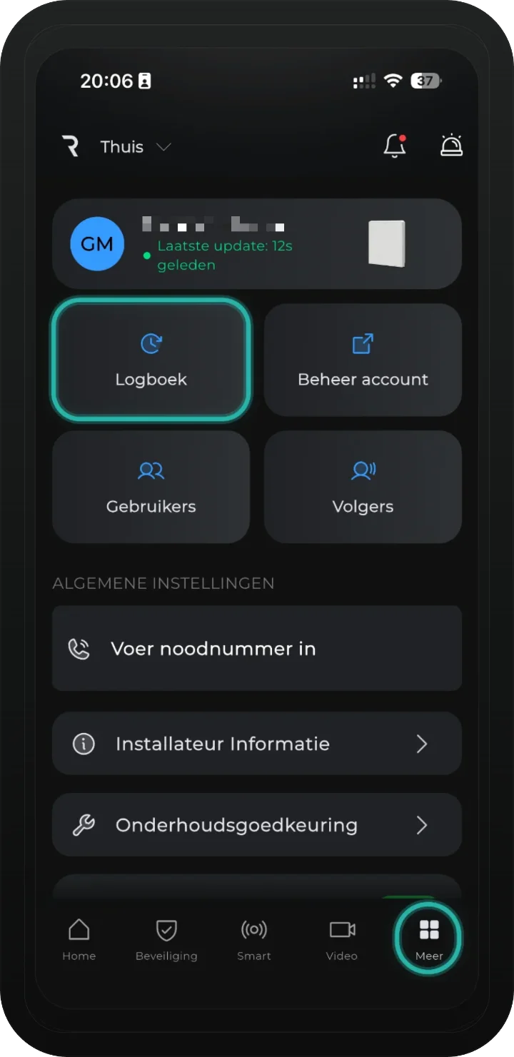 iRISCO-app — tabblad Meer met de knop Logboek gemarkeerd