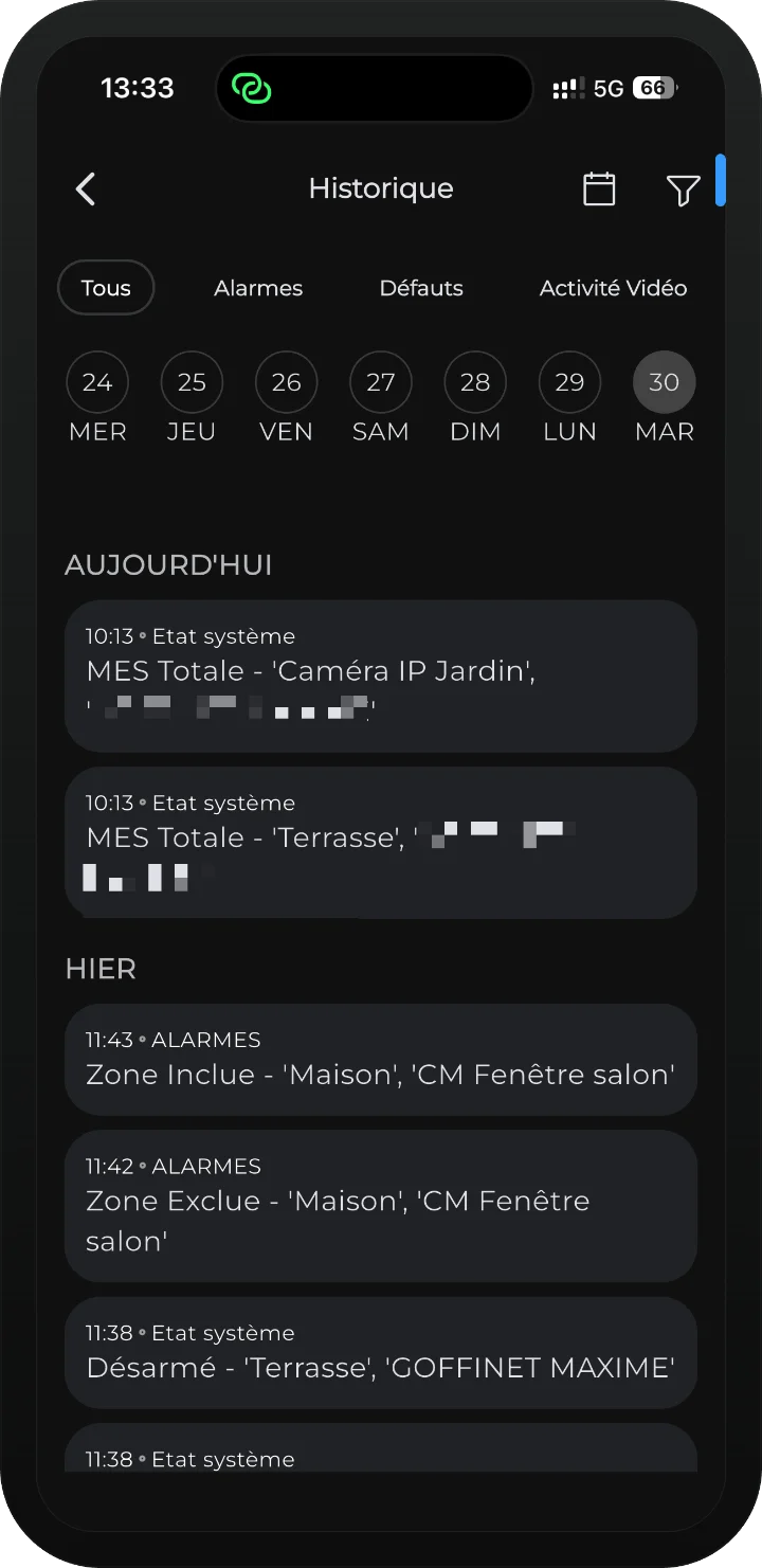 App iRISCO — écran Historique avec les onglets de filtre Tous, Alarmes, Défauts et Activité Vidéo mis en évidence