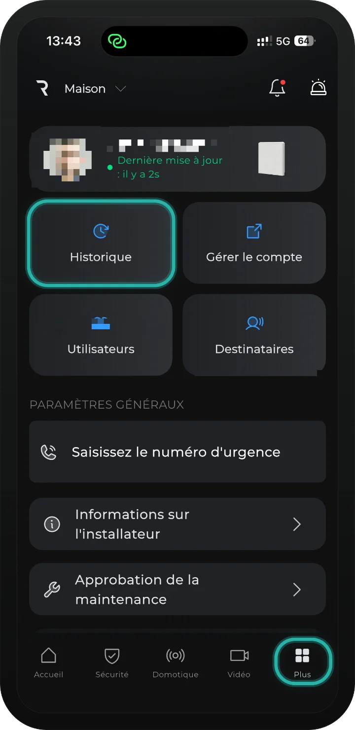App iRISCO — onglet Plus avec le bouton Historique mis en évidence