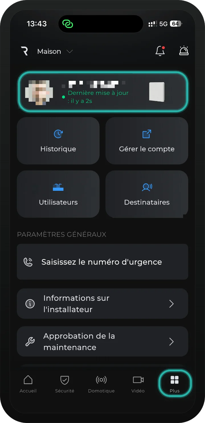 App iRISCO — onglet Plus avec la carte d’état et Dernière mise à jour mis en évidence