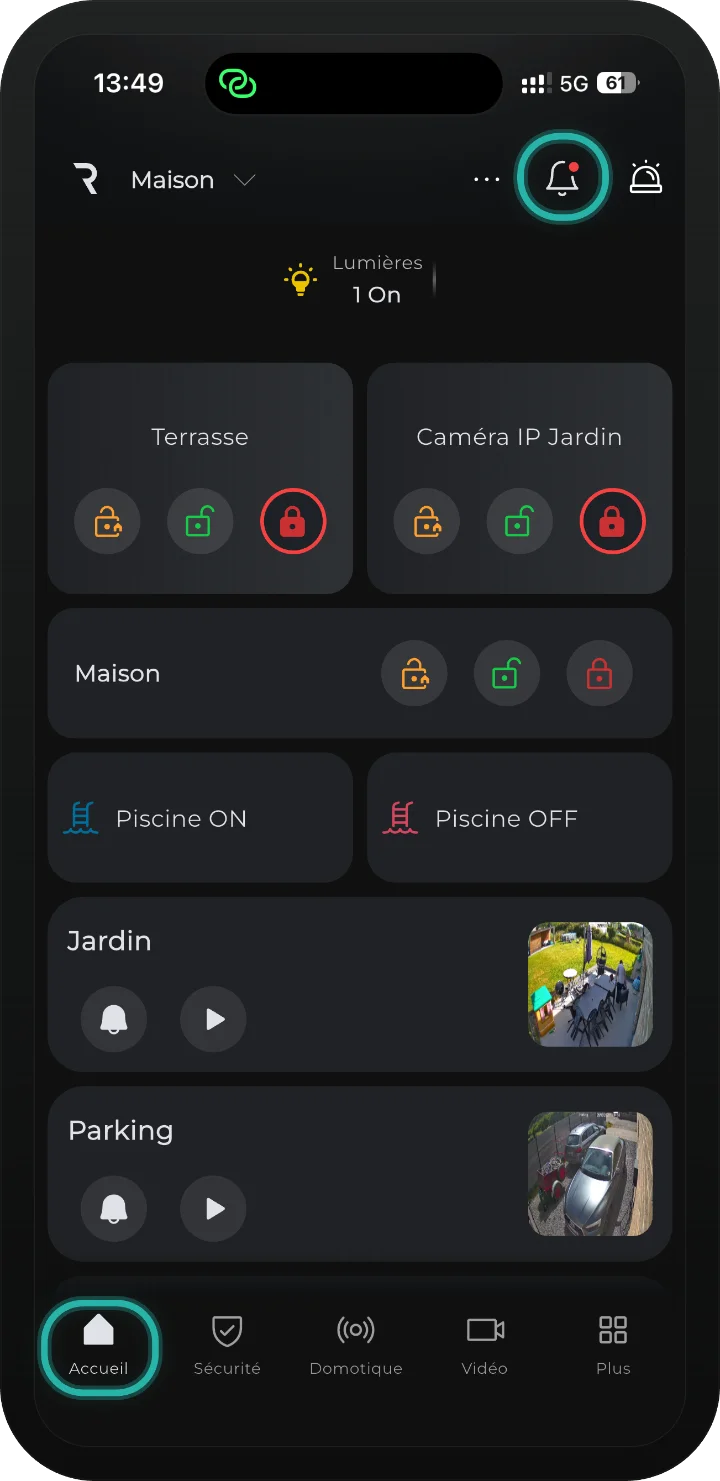 app iRISCO — page d’accueil avec l’icône de cloche en haut mise en évidence