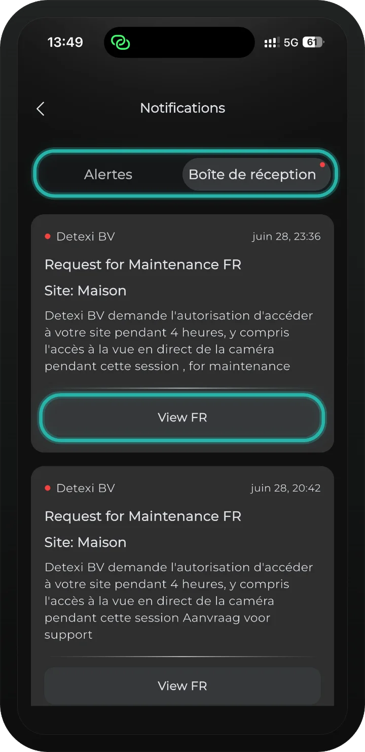 app iRISCO — écran Notifications avec les onglets Alertes et Boîte de réception et le bouton View mis en évidence