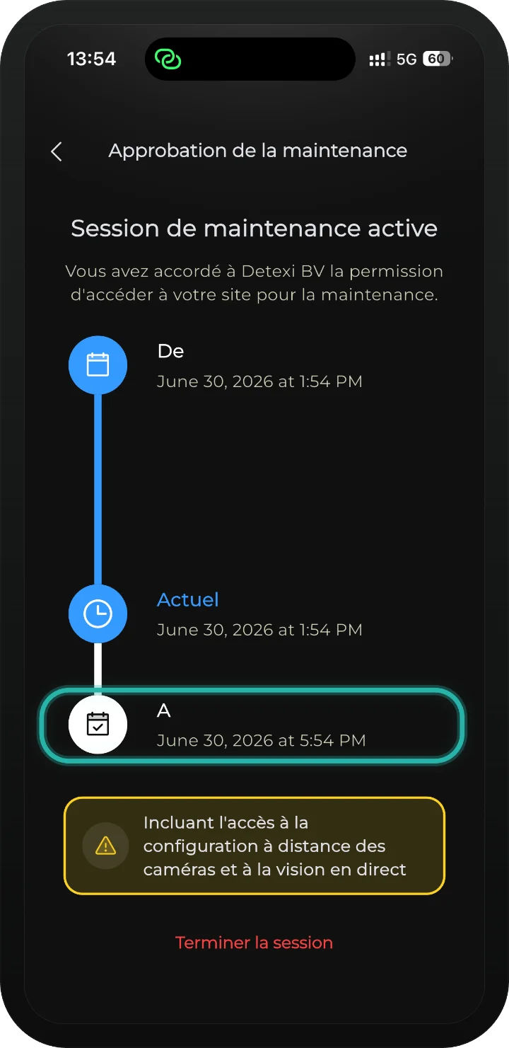 app iRISCO — écran Session de maintenance active avec la date de fin (À) mise en évidence