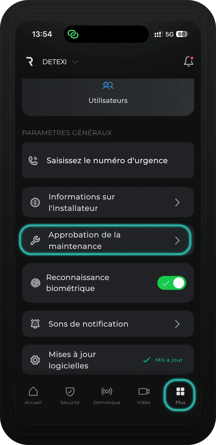 app iRISCO — onglet Plus avec le bouton Approbation de la maintenance mis en évidence