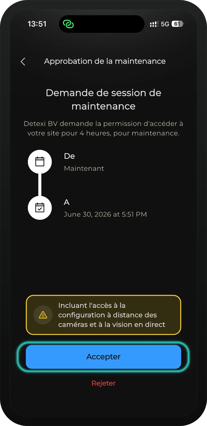 app iRISCO — écran Demande de session de maintenance avec le bouton Accepter mis en évidence