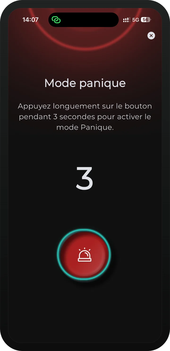 app iRISCO — écran Mode panique avec le compte à rebours et le bouton panique rouge mis en évidence
