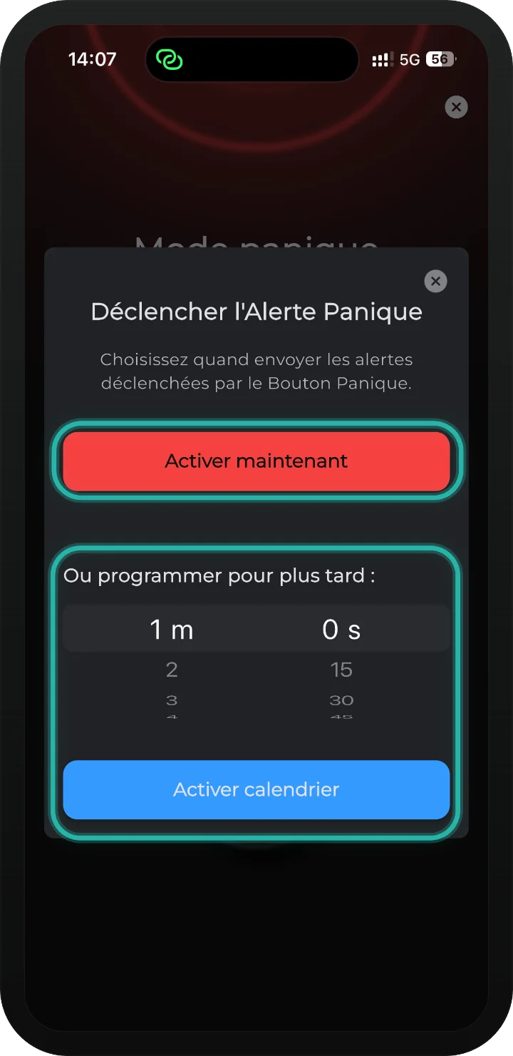 app iRISCO — fenêtre Déclencher l’Alerte Panique avec les boutons Activer maintenant et Activer calendrier mis en évidence