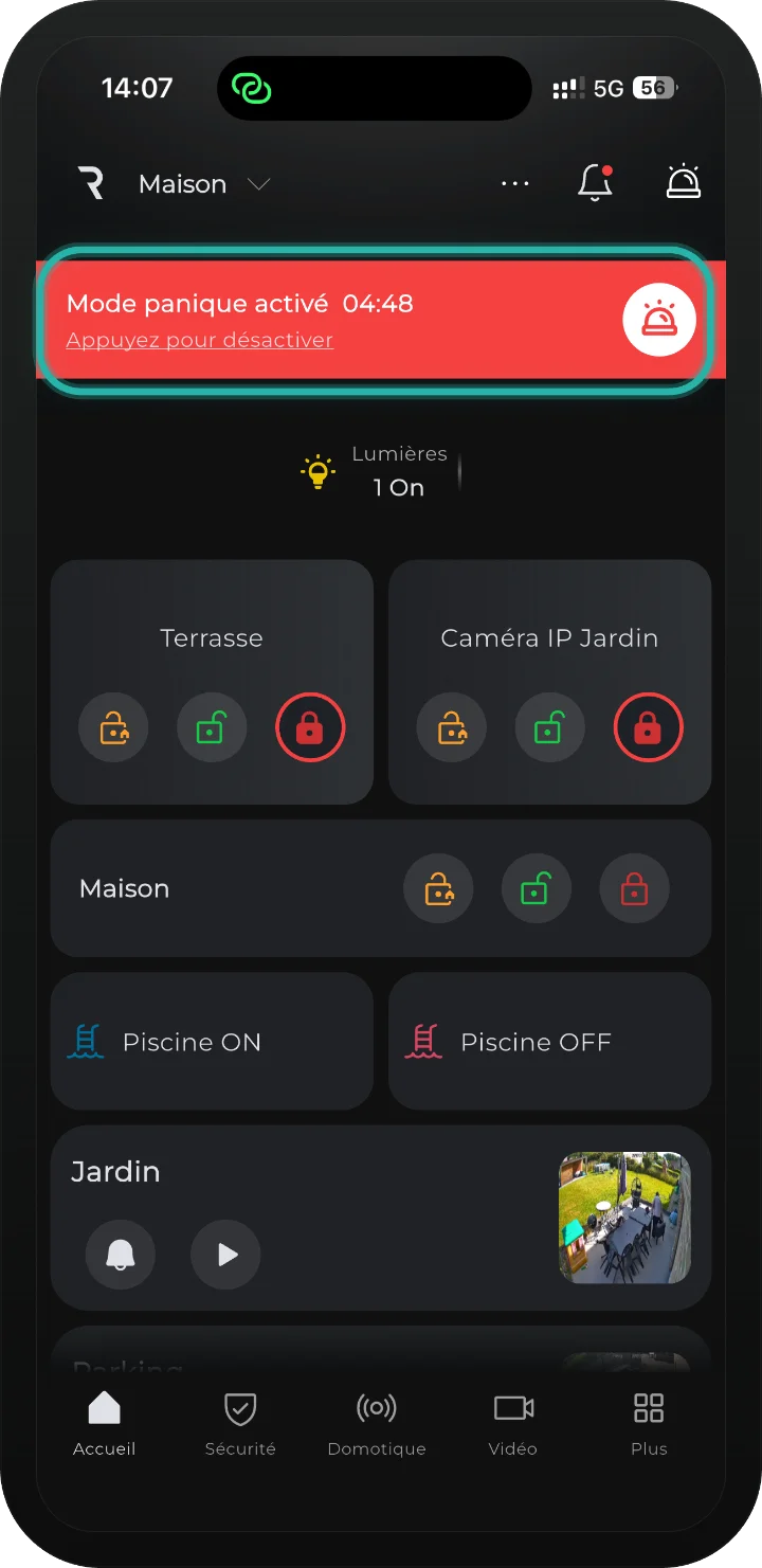 app iRISCO — page d’accueil avec la barre rouge Mode panique activé 04:48 et Appuyez pour désactiver mises en évidence