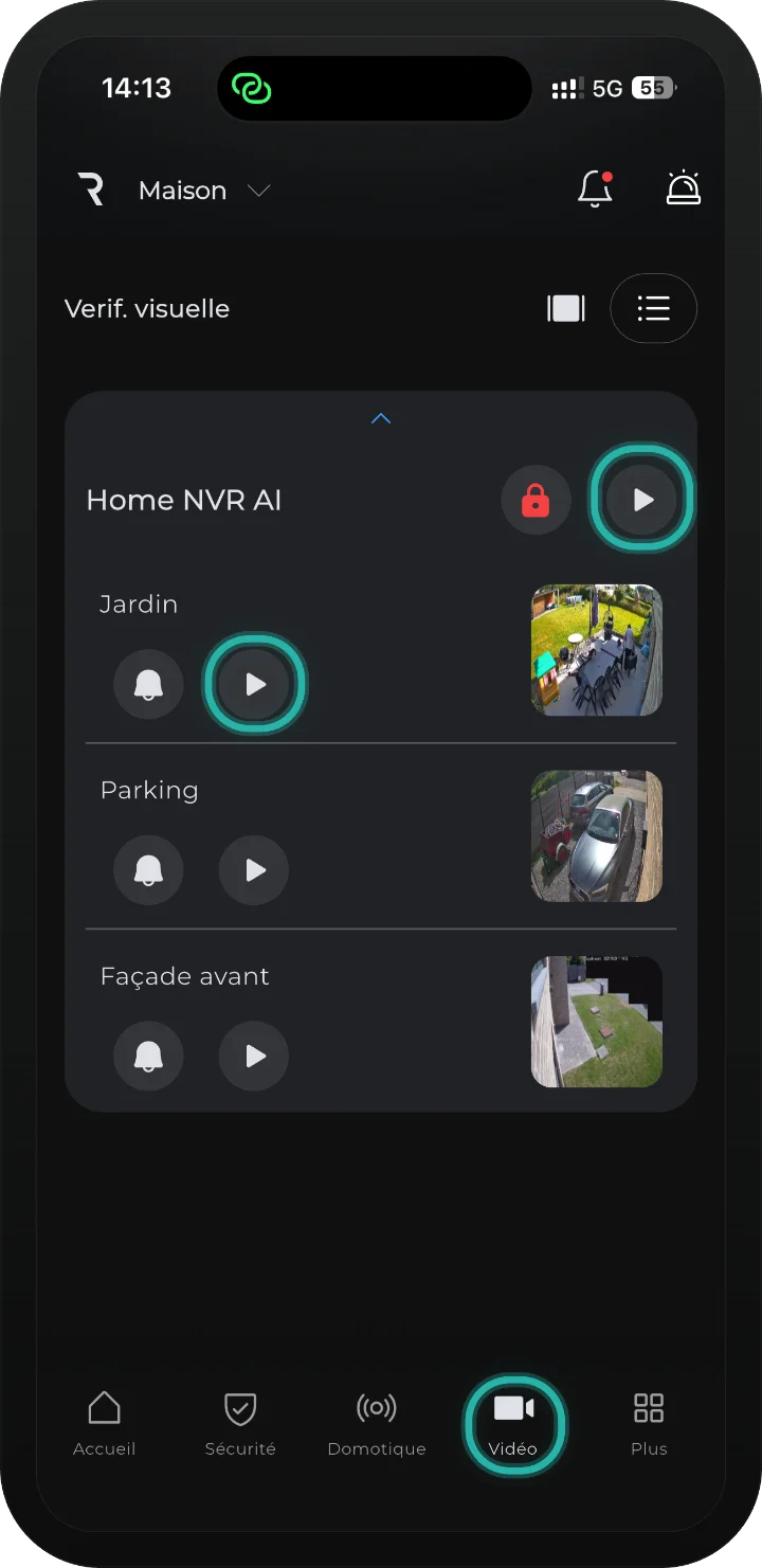 app iRISCO — menu Vidéo avec la liste des caméras et les boutons de lecture mis en évidence