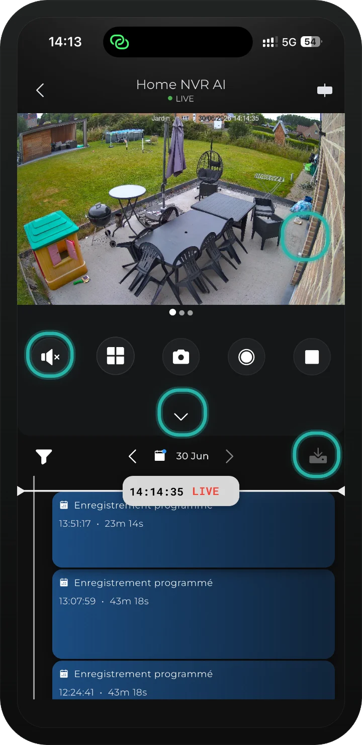 app iRISCO — vue NVR avec le journal, le bouton de filtre et le bouton de téléchargement mis en évidence