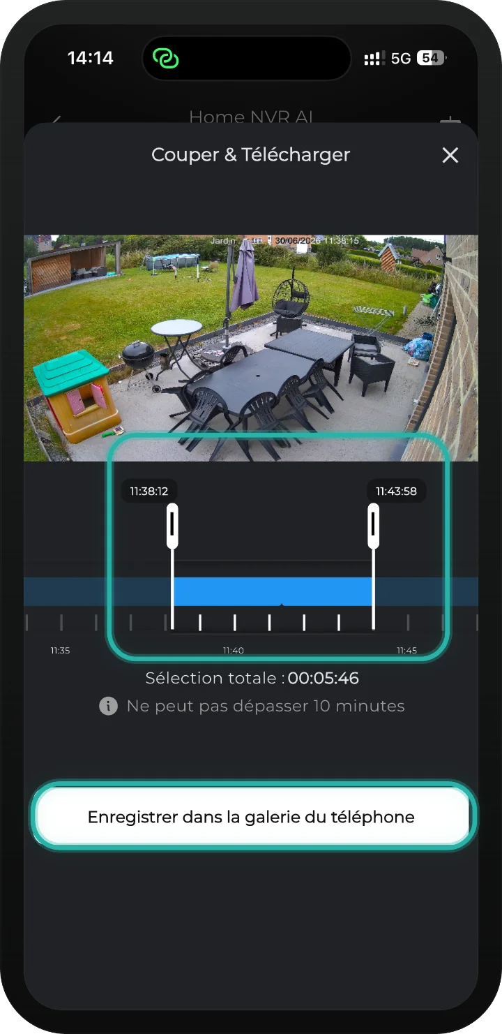 app iRISCO — fenêtre Couper & Télécharger avec la barre temporelle et le bouton Enregistrer dans la galerie mis en évidence