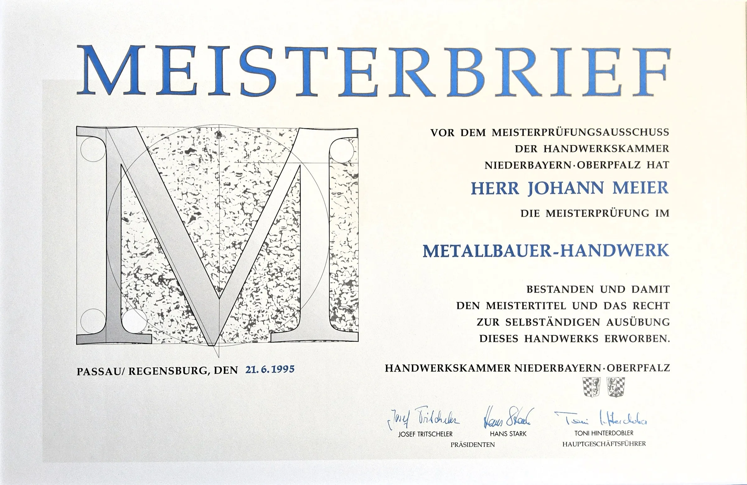 Meisterbrief Metallbauer-Handwerk von Johann Meier, Handwerkskammer Niederbayern-Oberpfalz