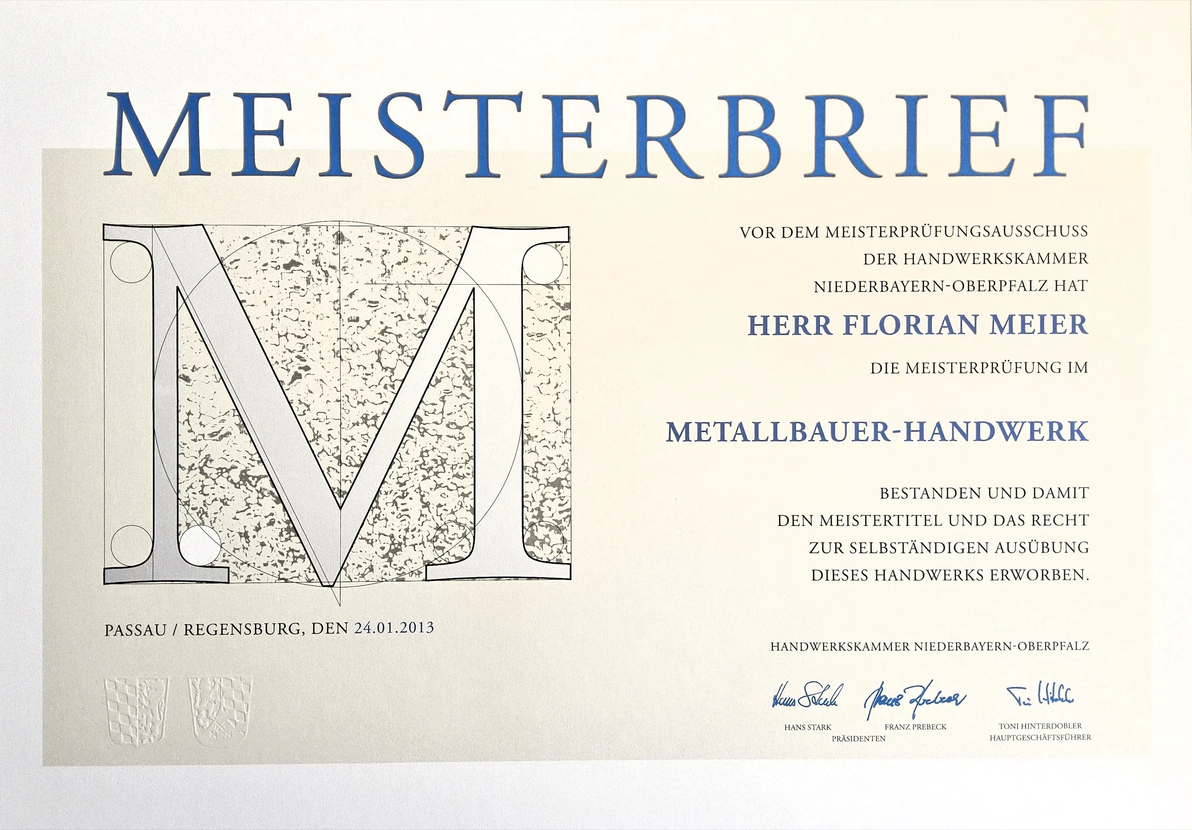 Meisterbrief Metallbauer-Handwerk von Florian Meier, Handwerkskammer Niederbayern-Oberpfalz