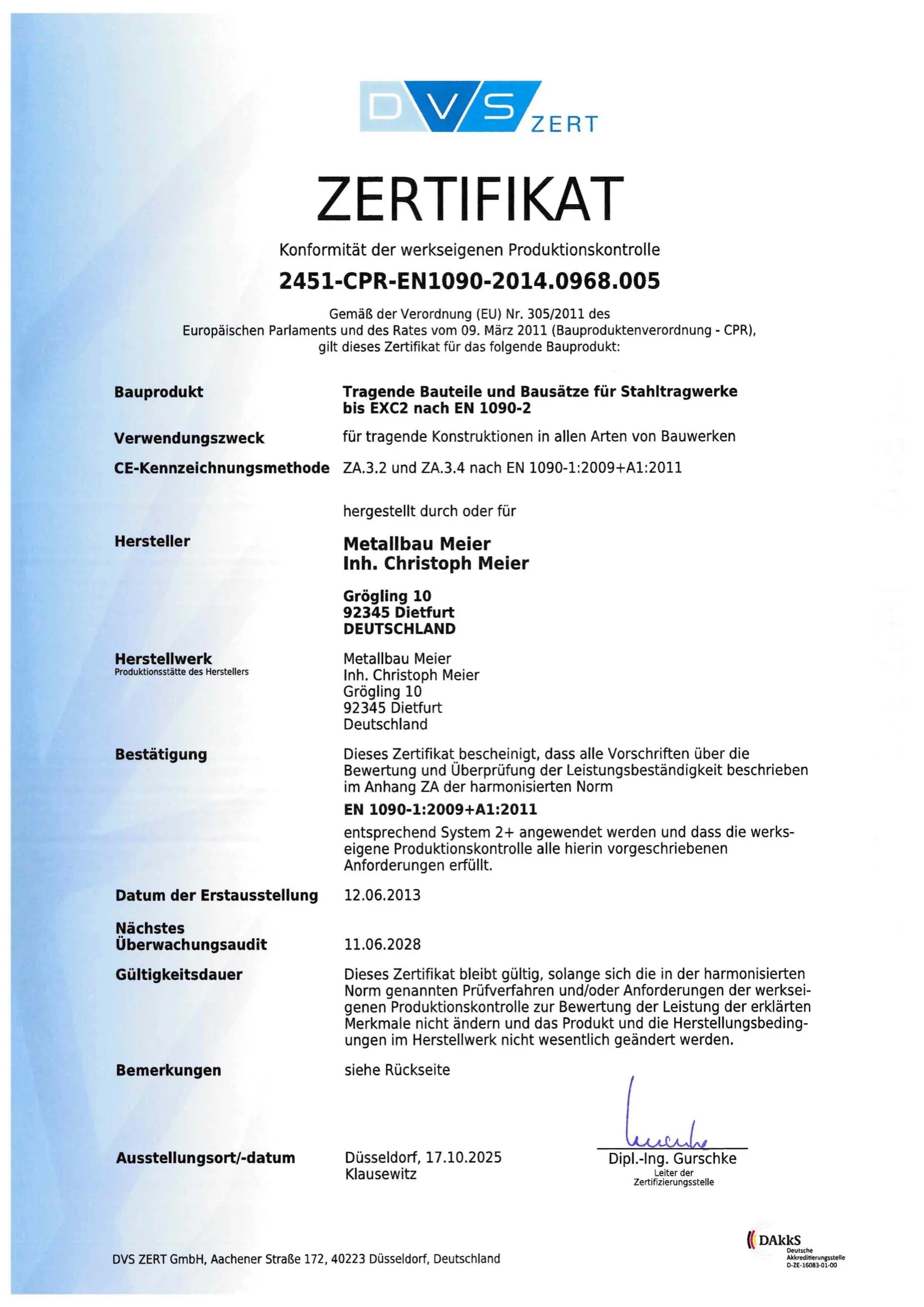 DVS-Zertifikat werkseigene Produktionskontrolle nach EN 1090-1