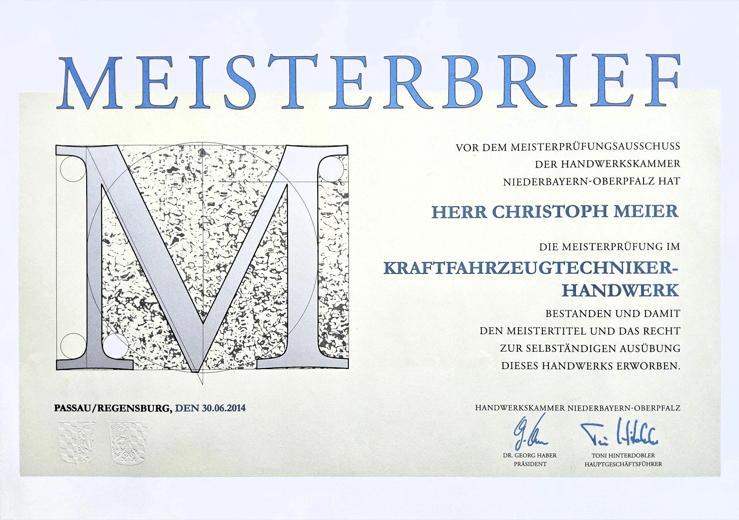Meisterbrief Kraftfahrzeugtechniker-Handwerk von Christoph Meier