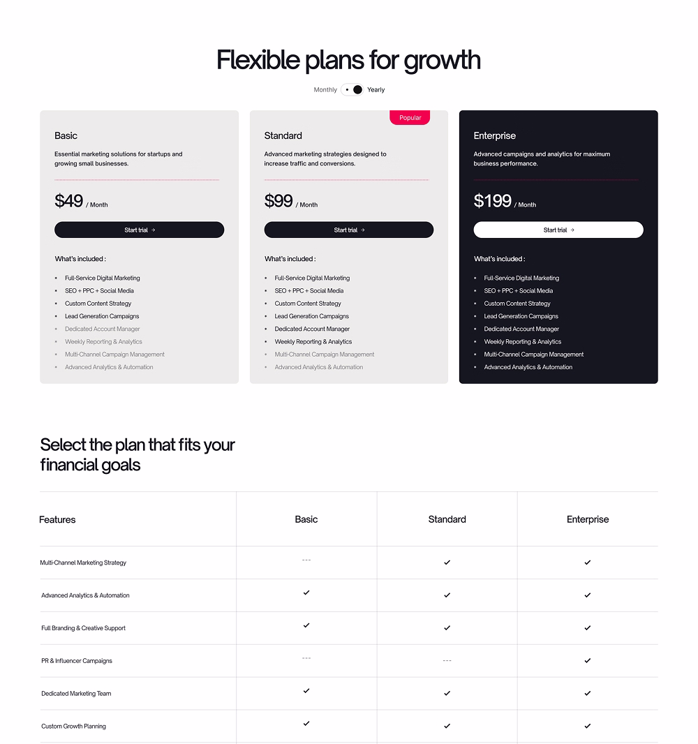 landing pricing three