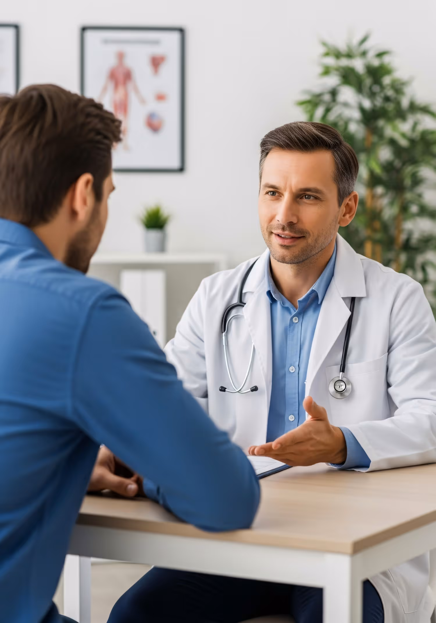 Doctor with stethoscope talking to a patient across a desk in a medical office.