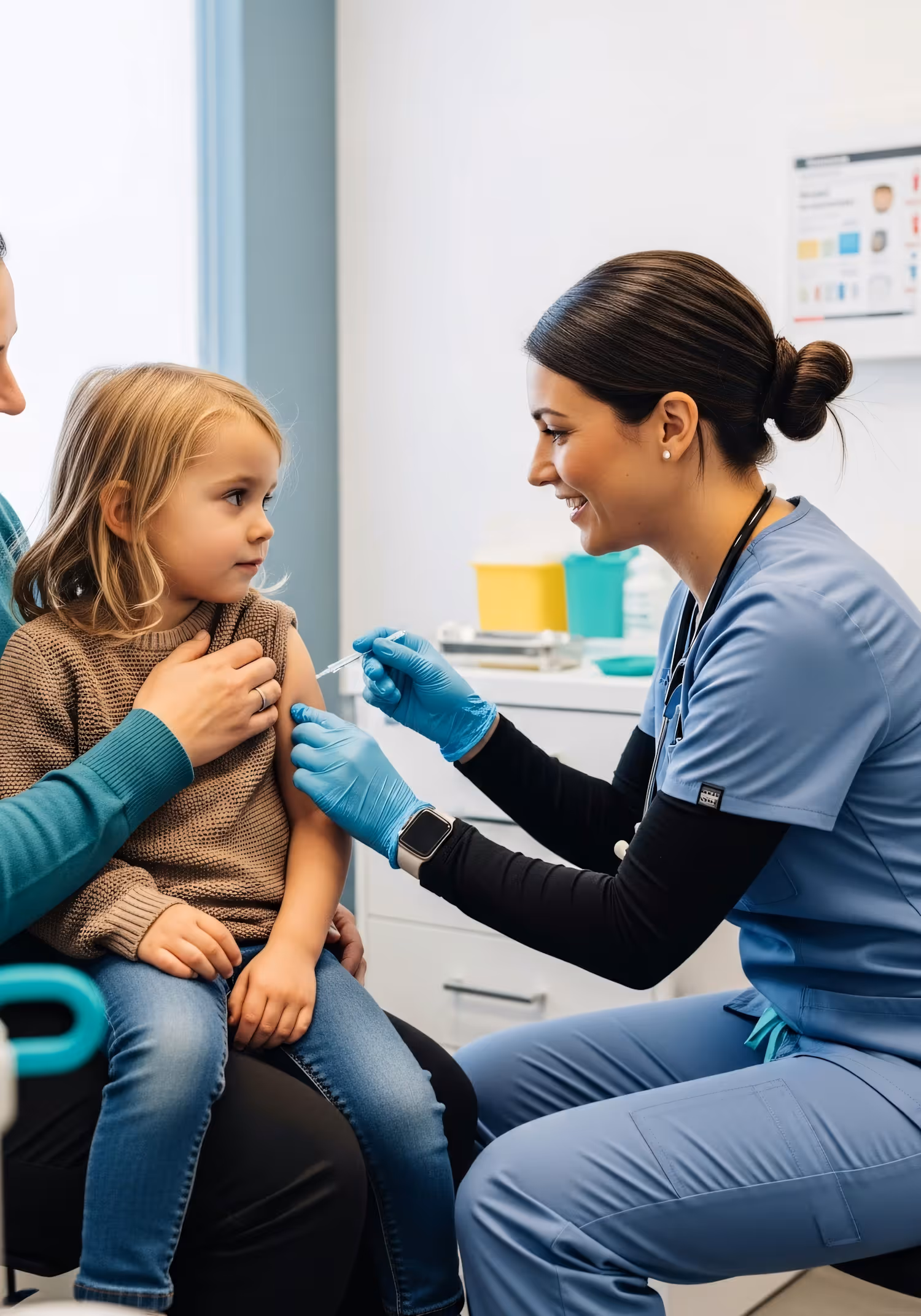 Female nurse in blue scrubs gives a vaccine to a young girl sitting on an adult's lap.