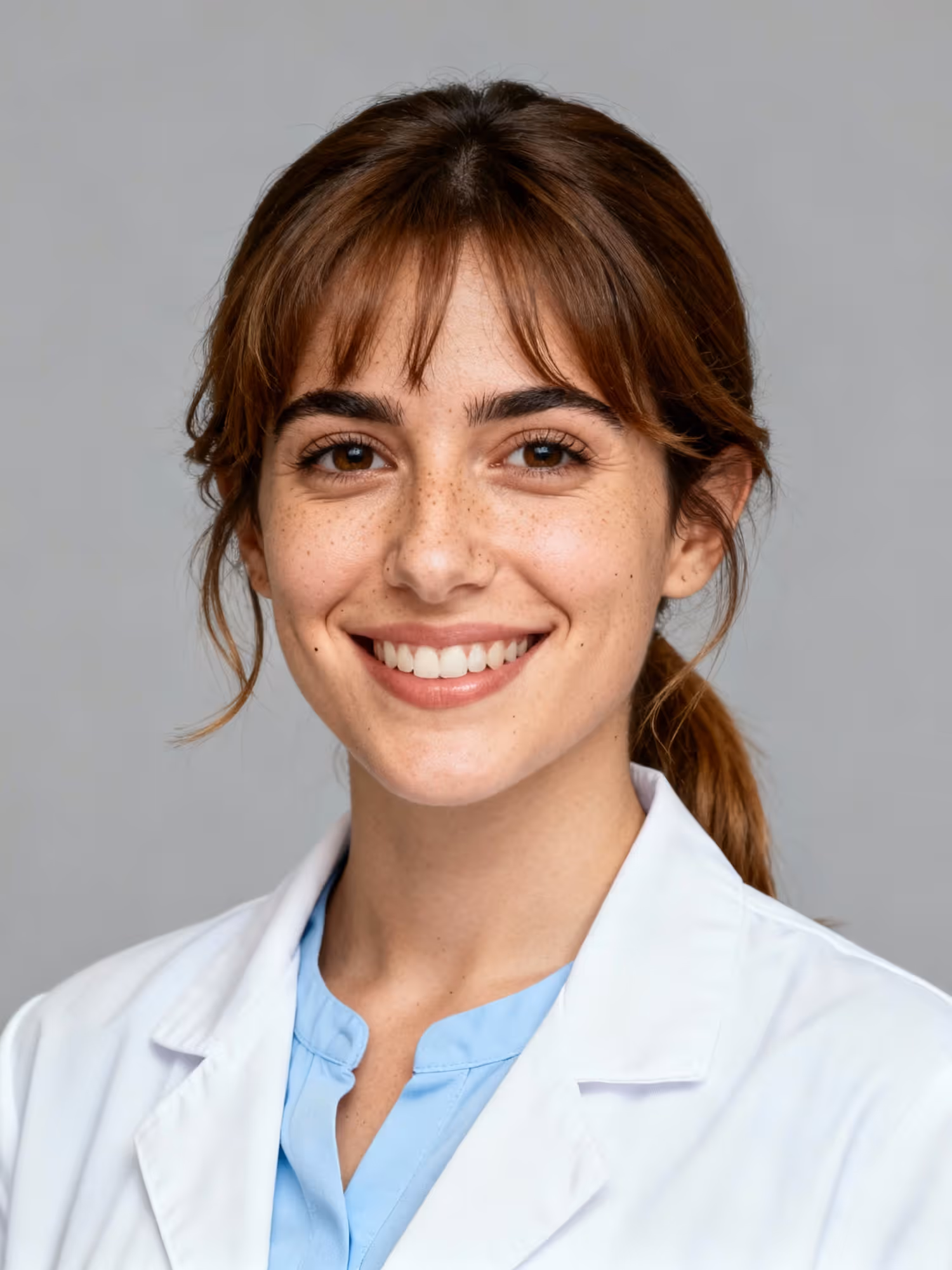 Smiling female doctor with brown hair in a ponytail wearing a white coat and blue scrubs.