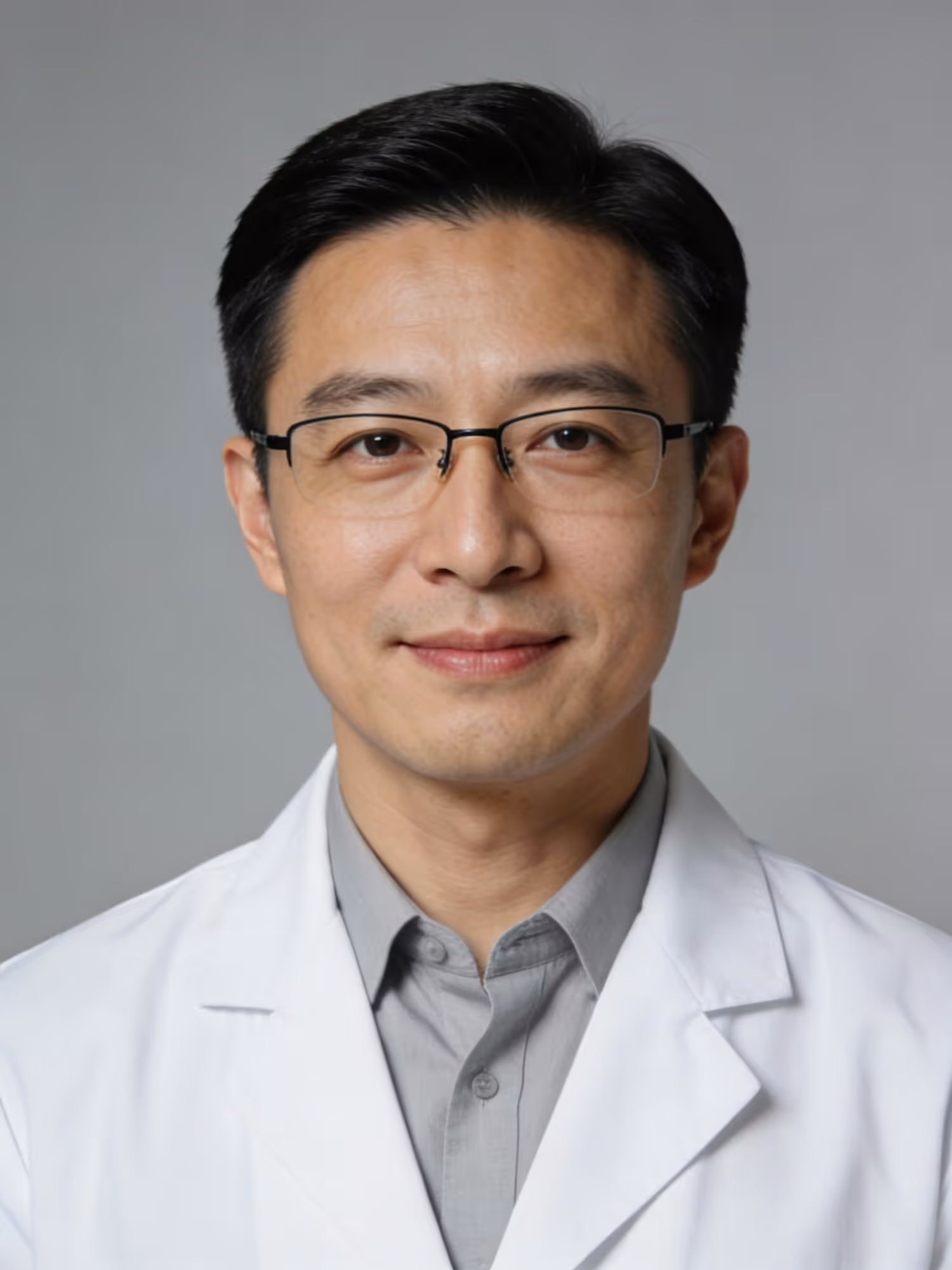 Smiling Asian man wearing glasses and a white lab coat over a gray shirt on a gray background.