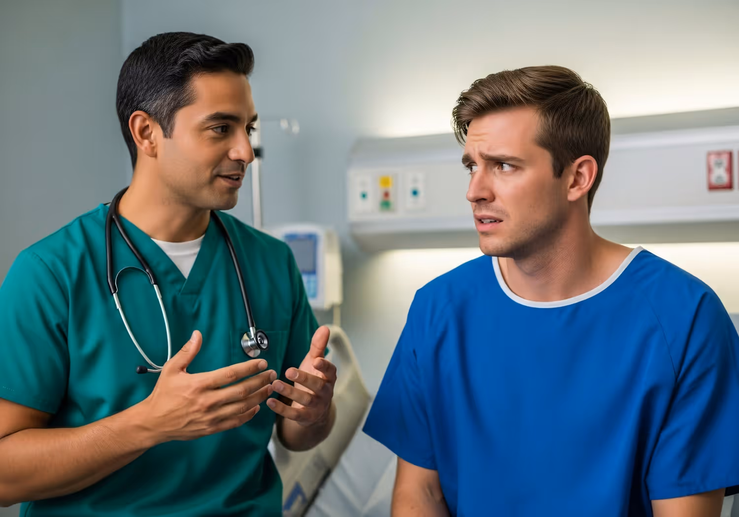 Doctor in green scrubs talks to a worried male patient wearing a blue hospital gown.