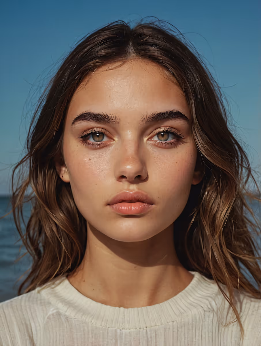 Close-up of a young woman with light brown hair and green eyes against a blue sky and water.