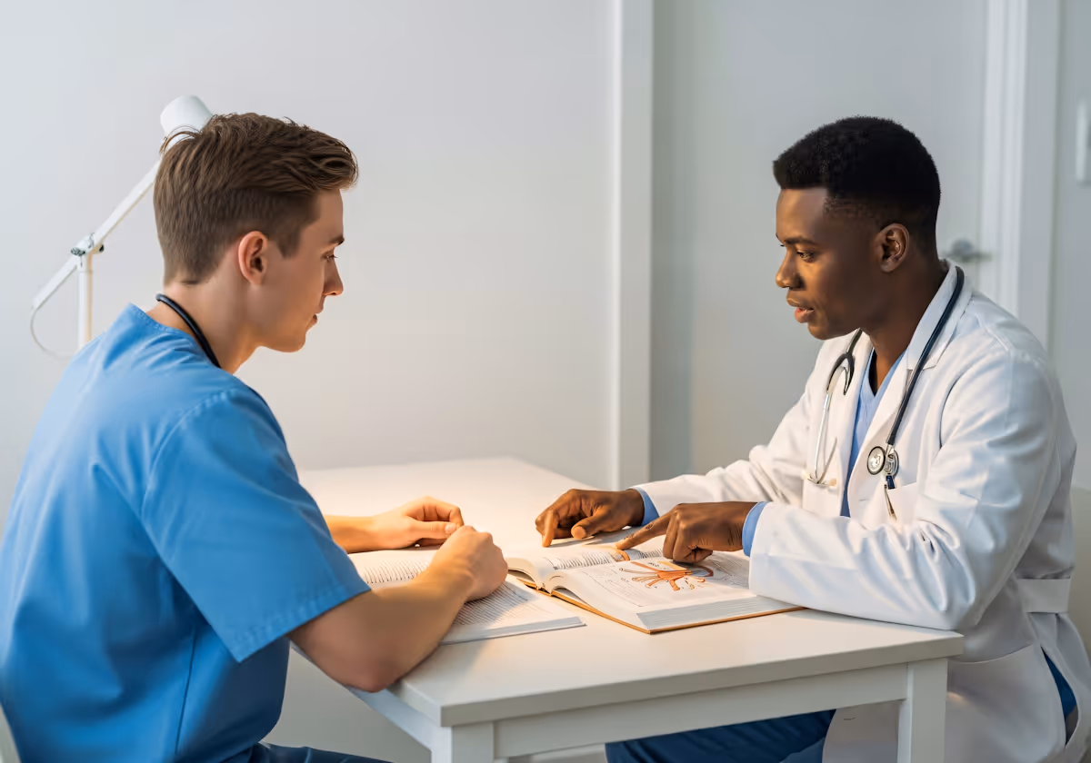 Two doctors studying medical books together, one pointing at a diagram, seated at a white table.