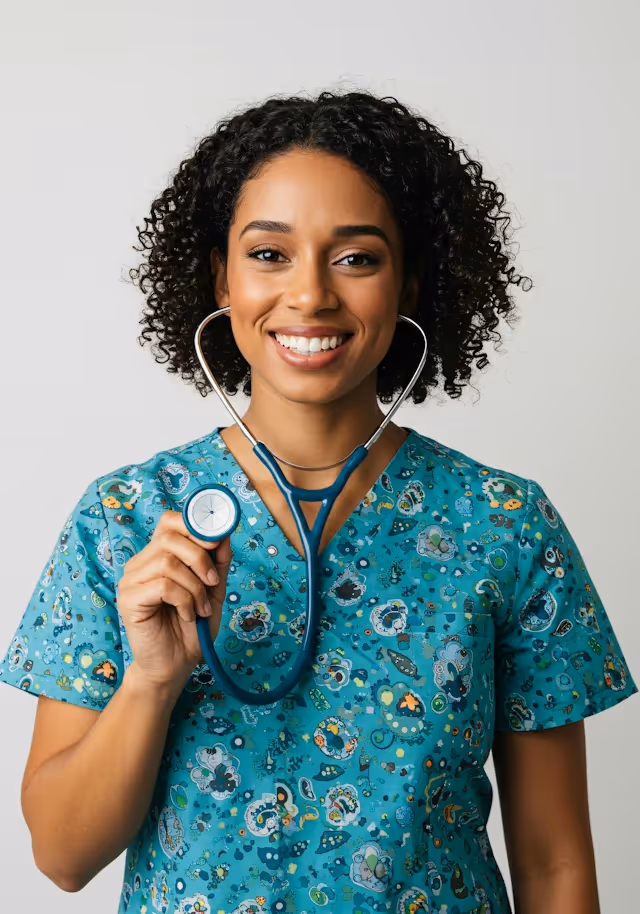 Smiling female healthcare worker in blue patterned scrubs holding a stethoscope up to the camera.