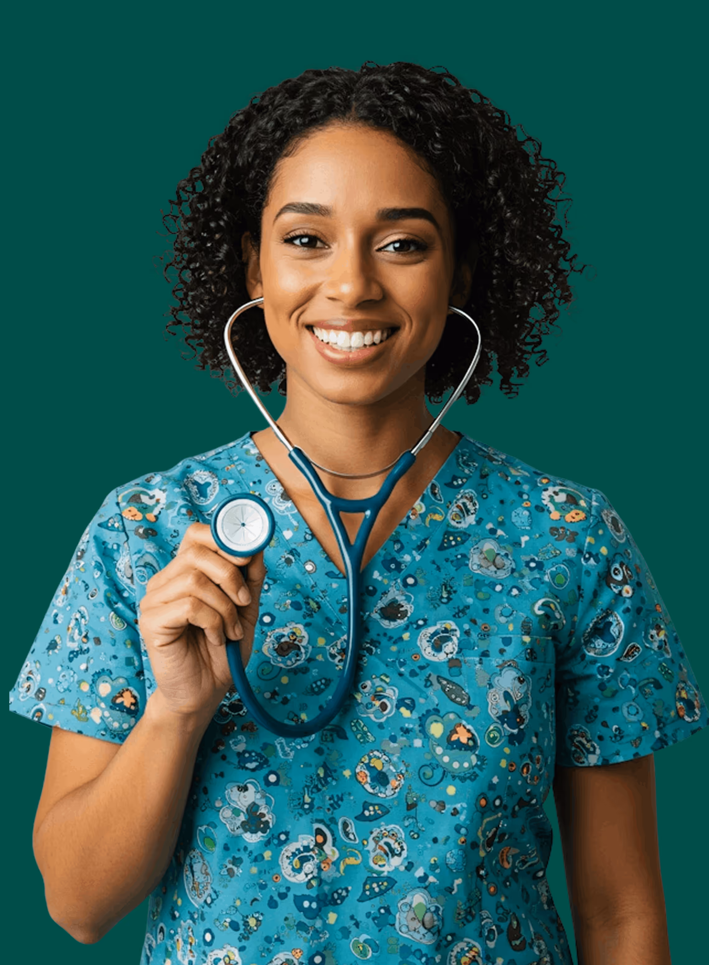 Smiling female nurse in blue scrubs holding a stethoscope against a green background.