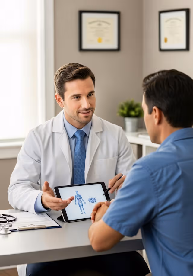 Doctor showing a human body diagram on a tablet to a male patient in an office.