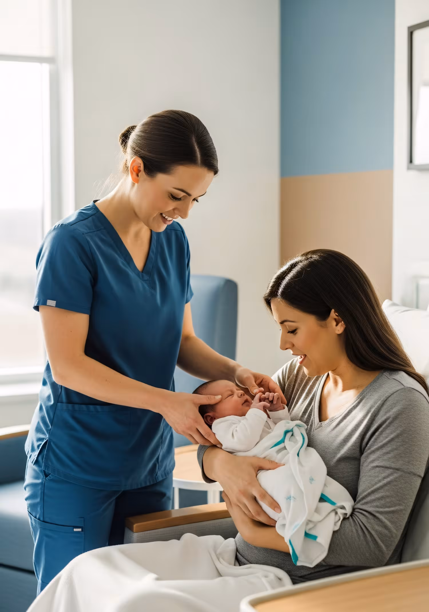 Nurse in blue scrubs gently holding a newborn baby while mother smiles and cradles the infant.