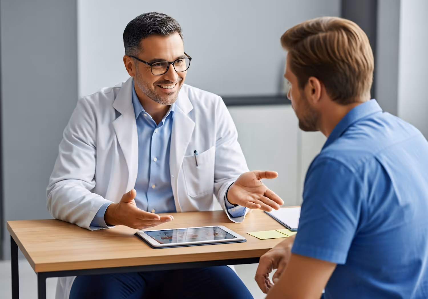 Doctor in white coat explaining information on a tablet to a man in a blue shirt.