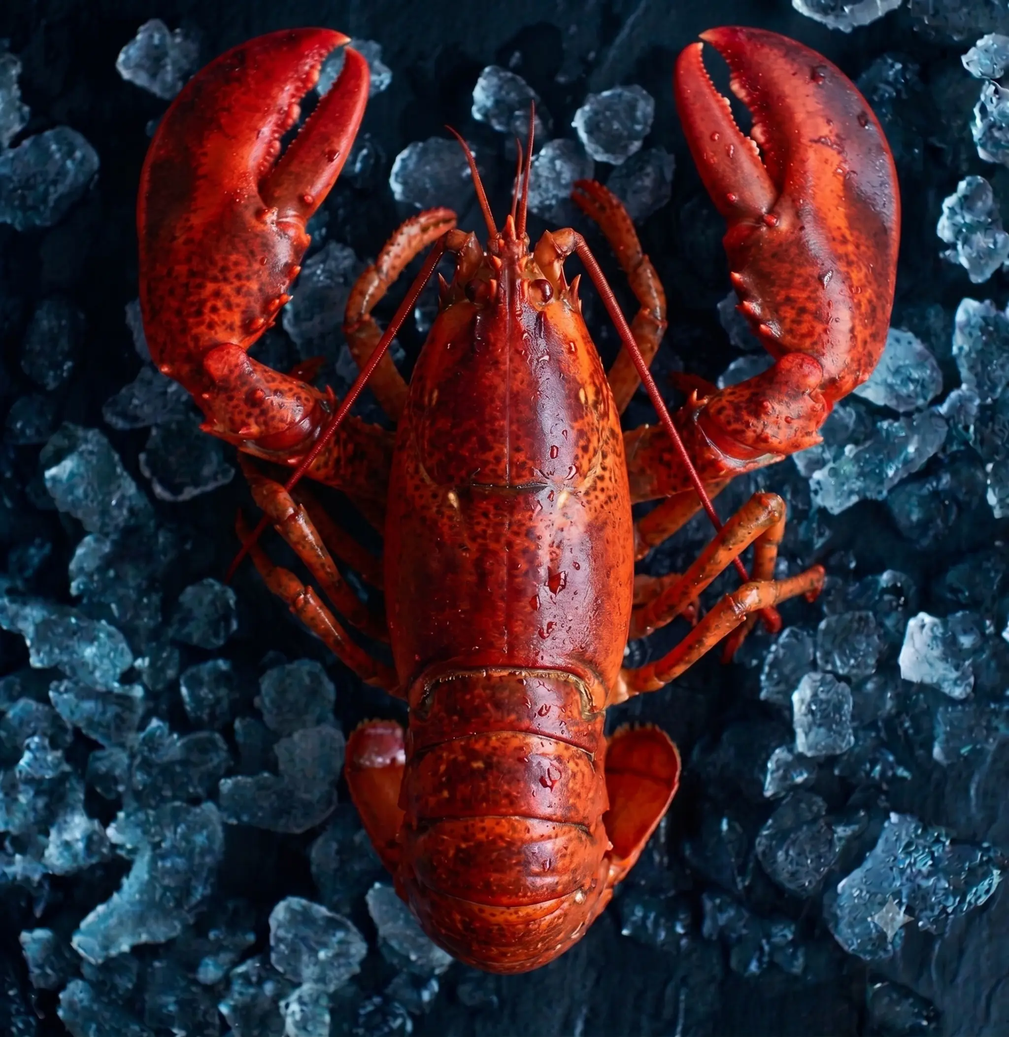 Close-up of red lobster claws lying on crushed ice.