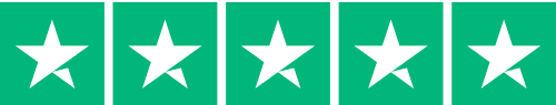 Fem grønne firkanter med hvide stjerner, der angiver fem stjerner på Trustpilot.