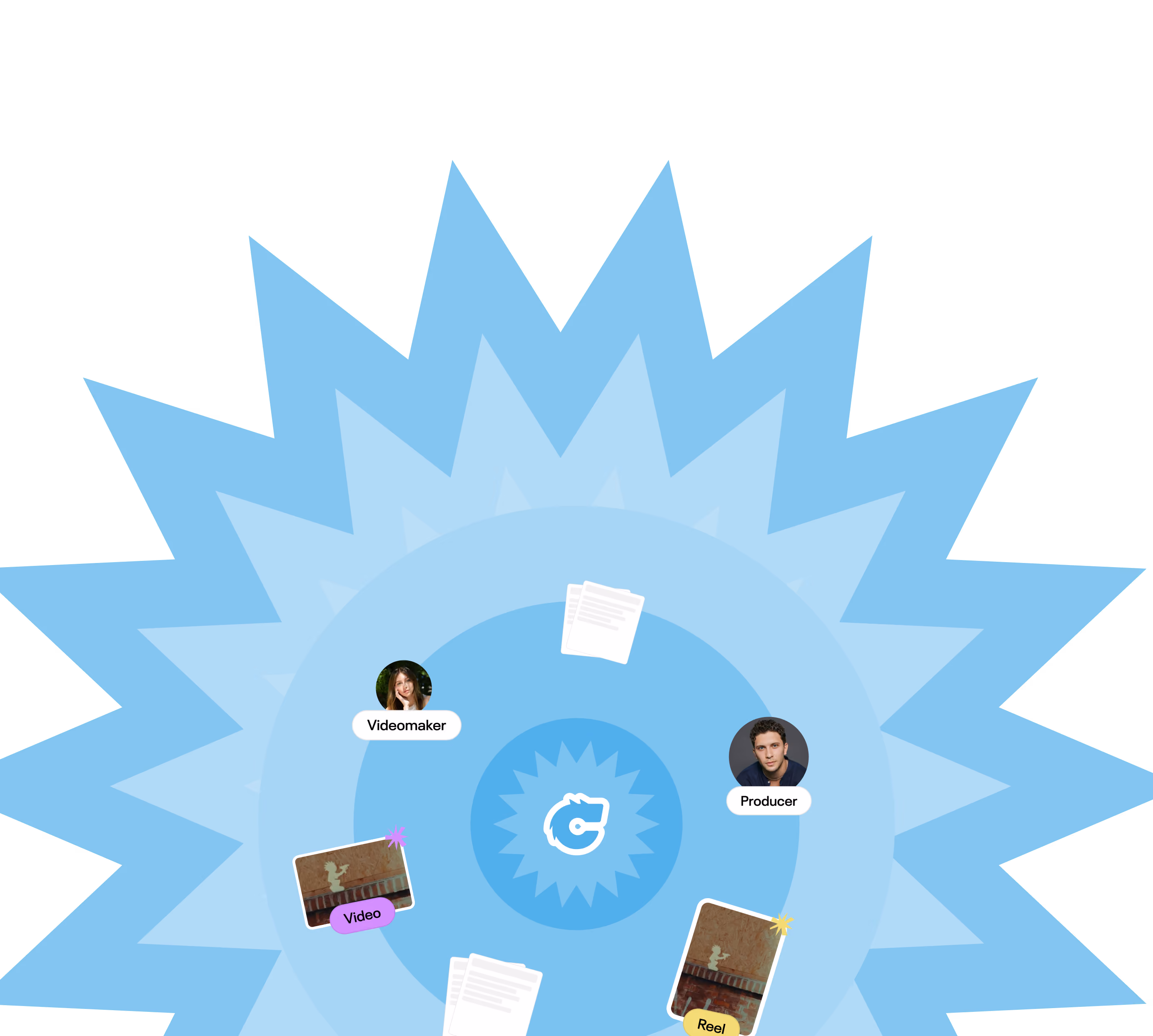 Illustrazione del metodo Chimera: un team di videomaker e producer al lavoro sui contenuti di un progetto