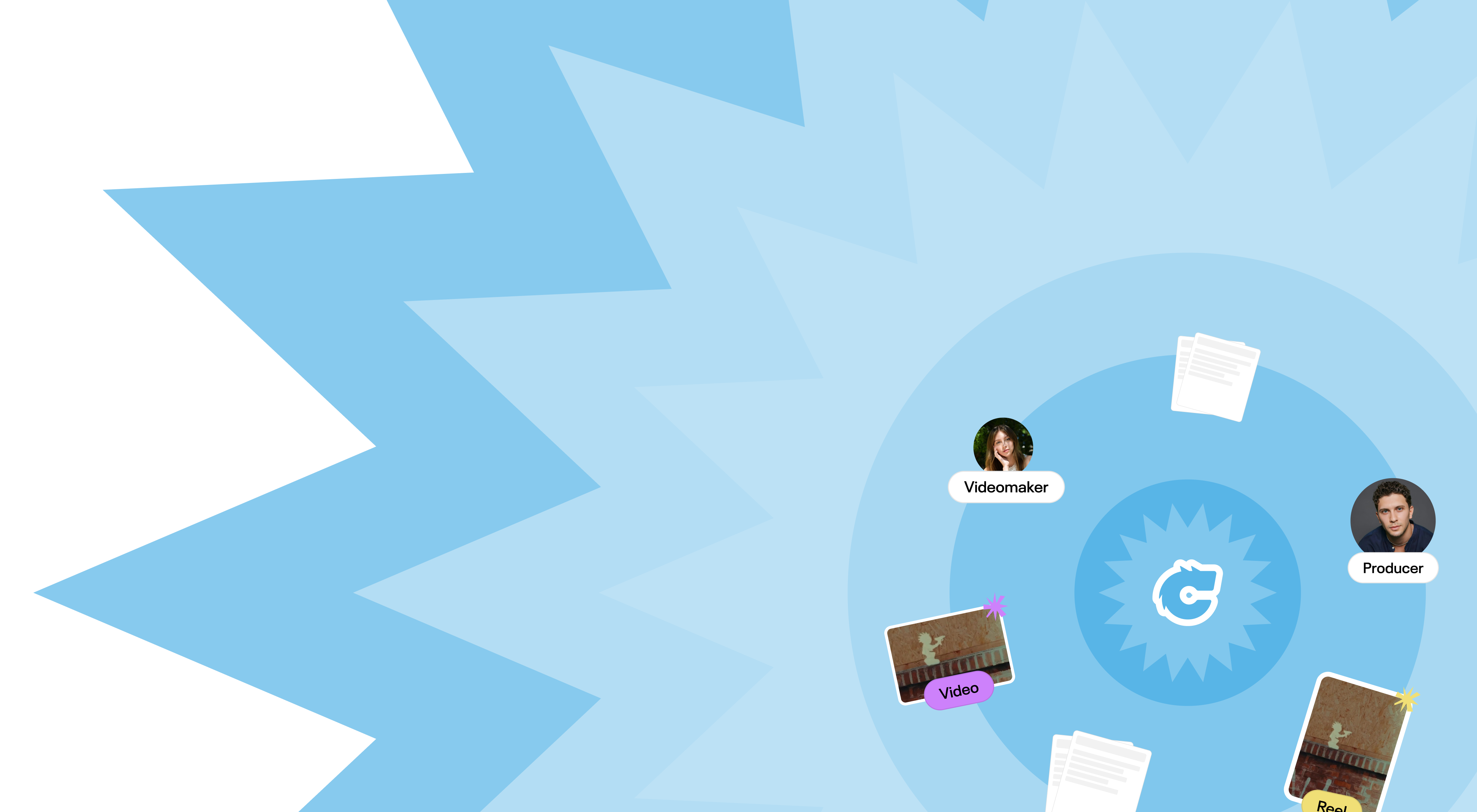 Illustrazione del metodo Chimera: un team di videomaker e producer al lavoro sui contenuti di un progetto