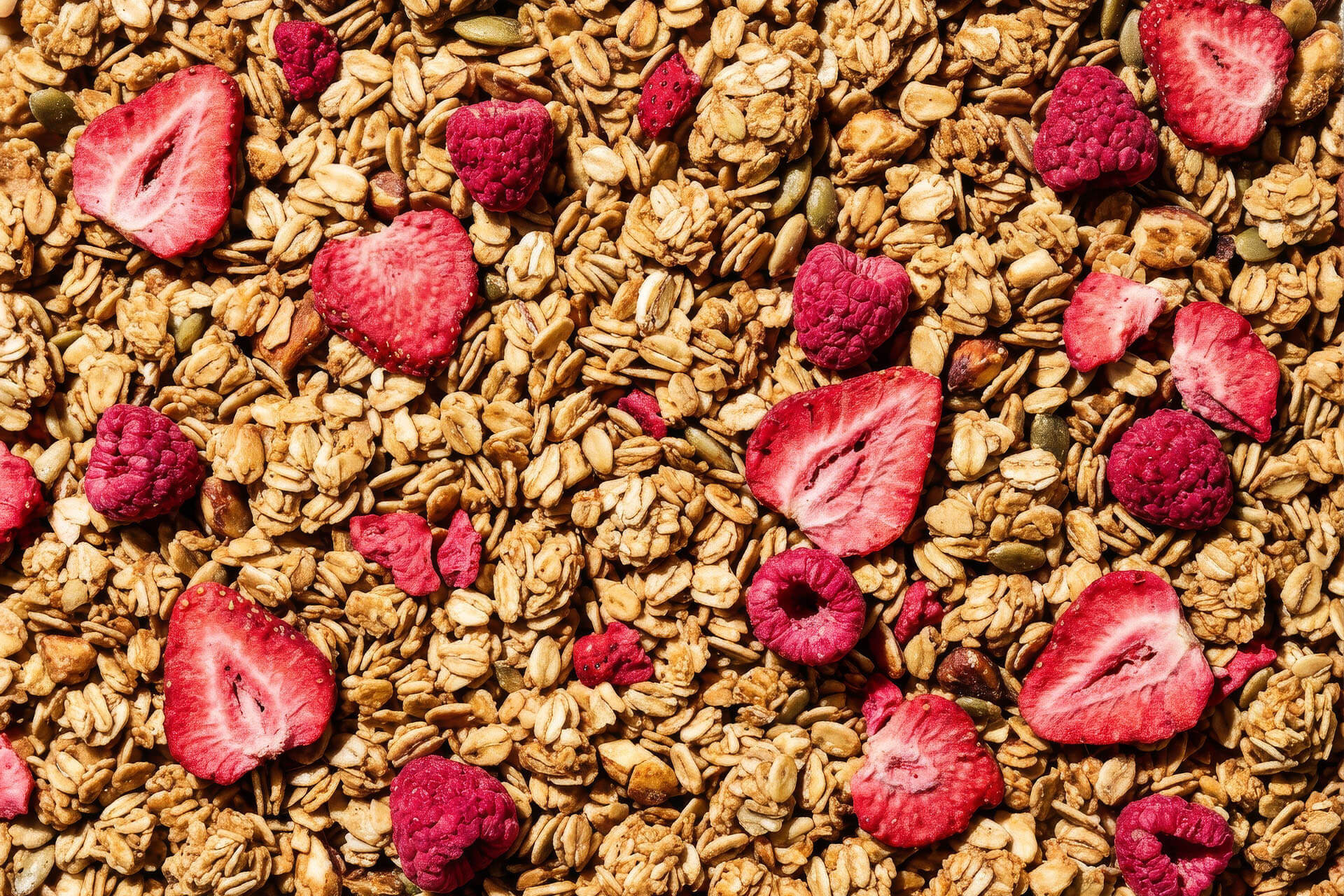 Müesli mit getrockneten Erdbeer- und Himbeerstücken, Haferflocken und Kernen.