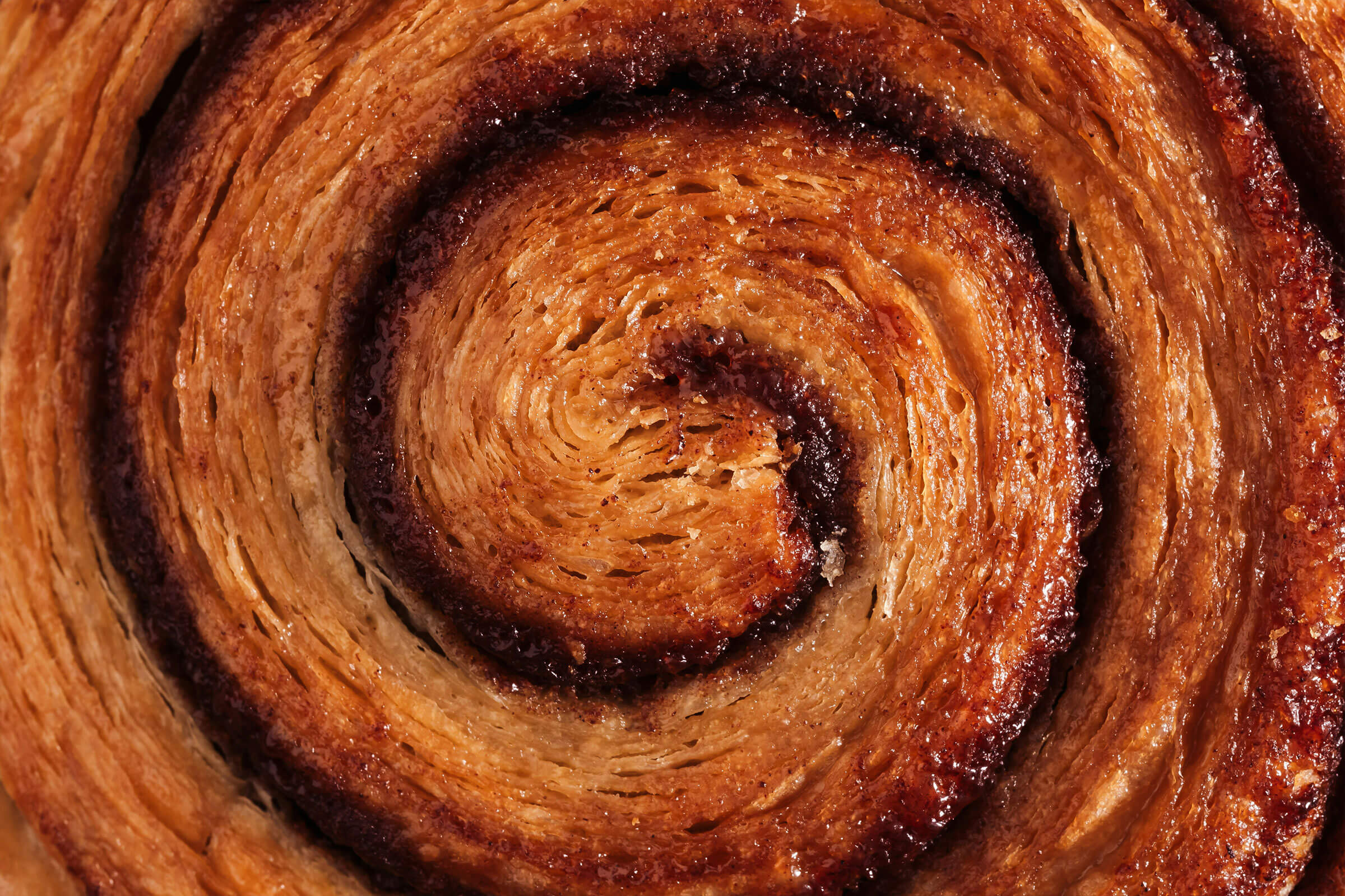 Nahaufnahme eines frisch gebackenen Zimtschnecken-Gebäcks mit goldbrauner Kruste.