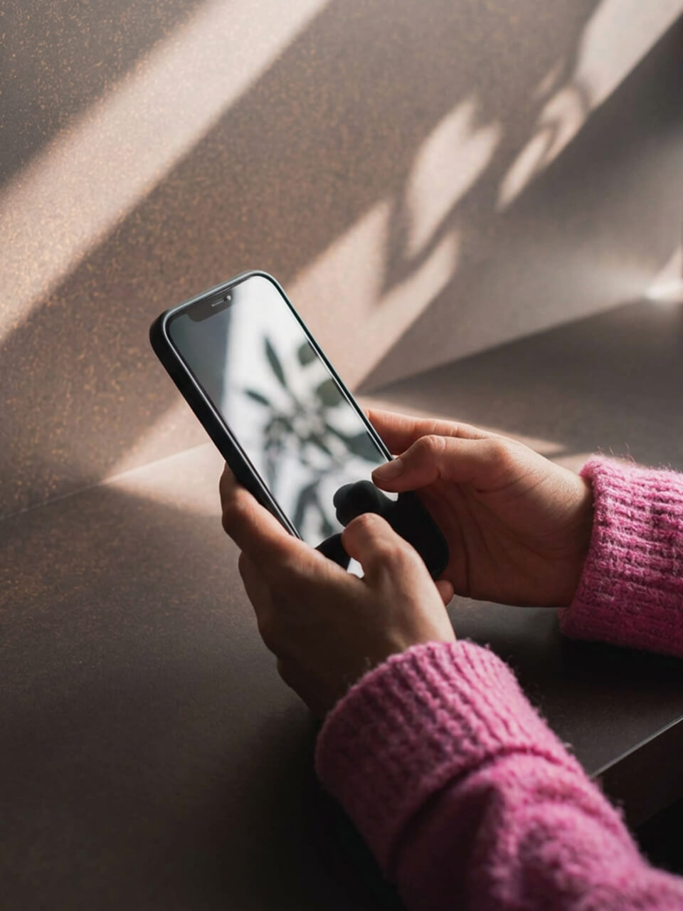 Eine Person in einem pinken Pullover hält ein Smartphone, auf dessen Oberfläche Licht und Schatten fallen.