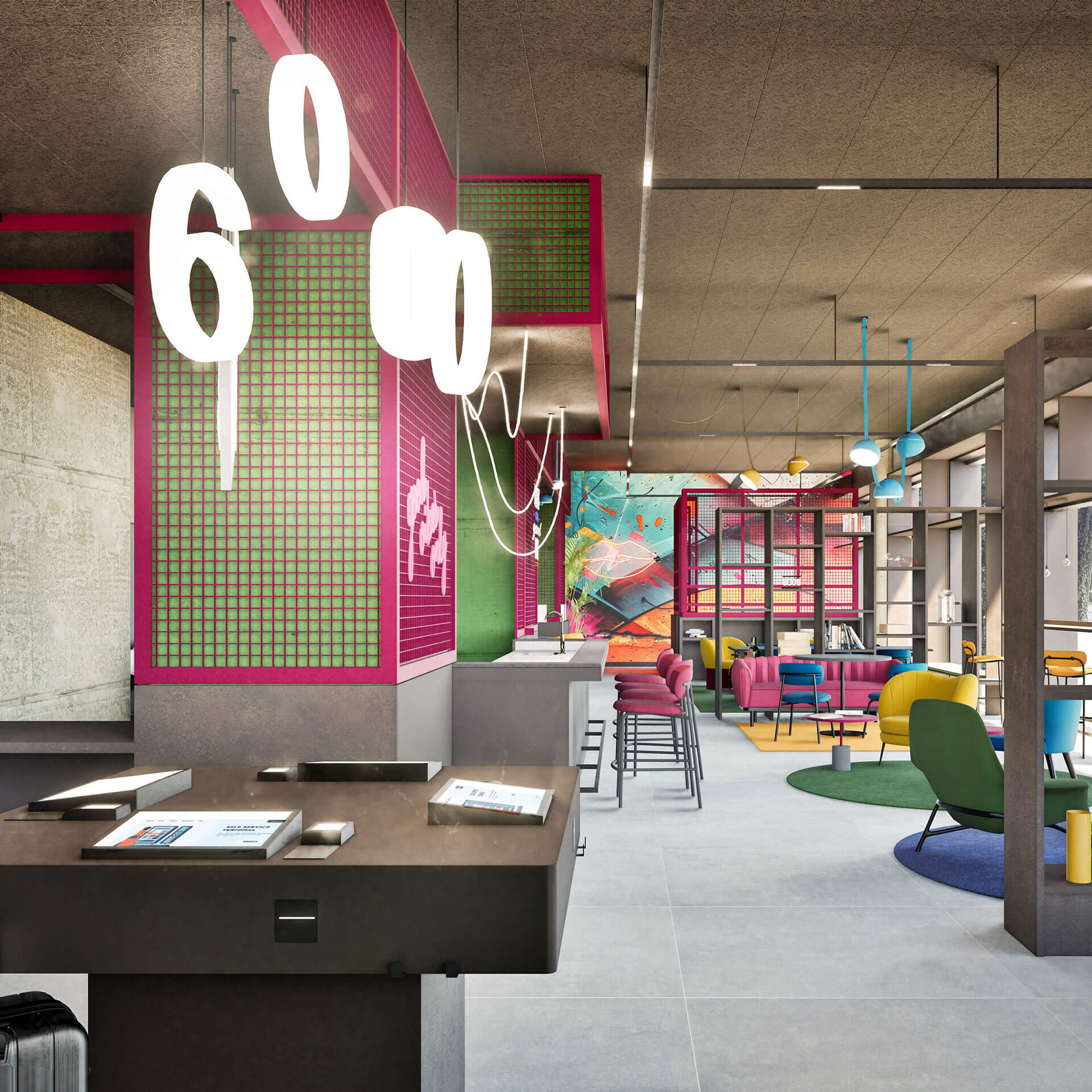 Moderner Hotel-Lobbybereich mit bunten Sitzmöbeln, hohen Stühlen und abstrakter Wandkunst.