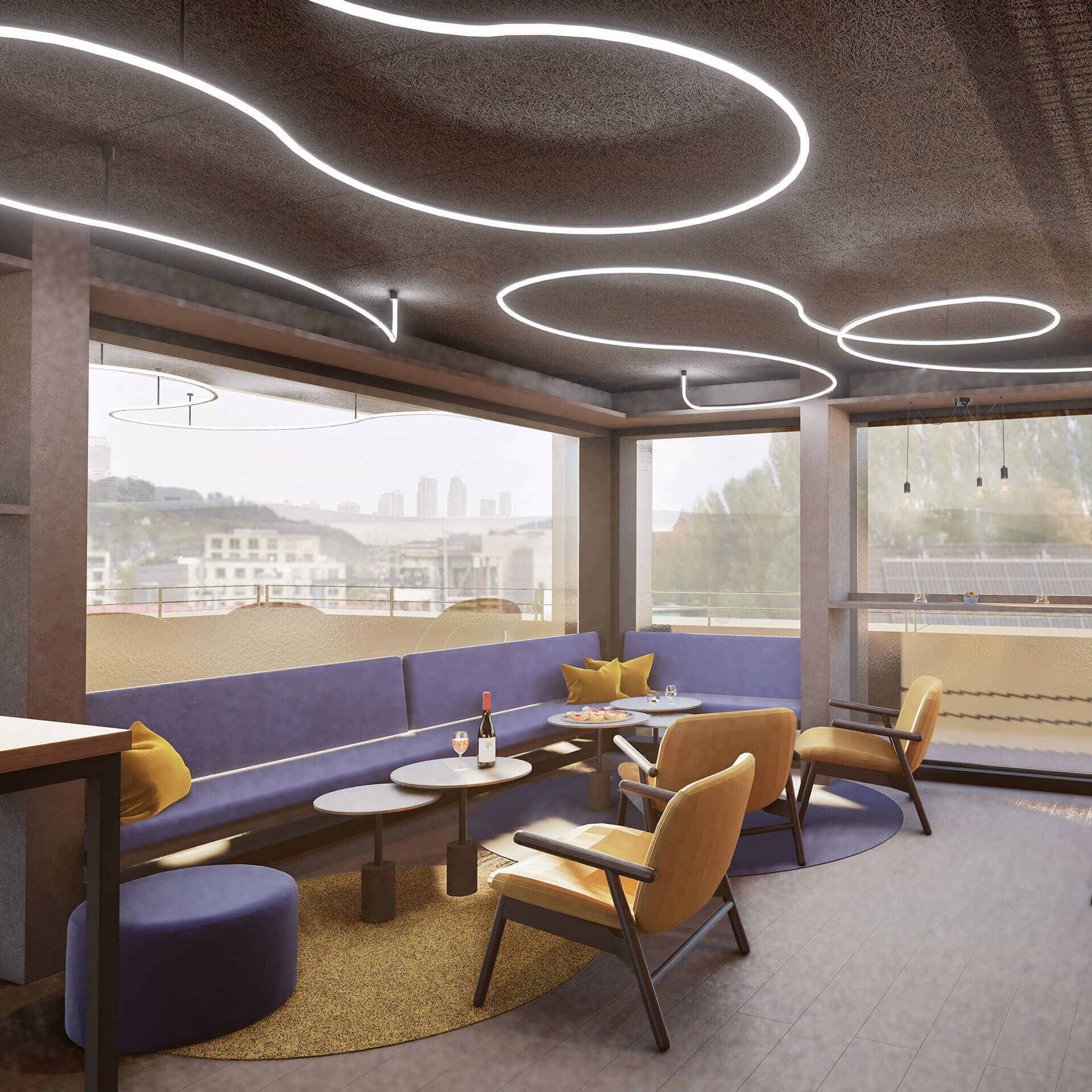 Rooftop Bar mit blauen Sofas, gelben Sesseln und runden Deckenleuchten mit Stadtblick.